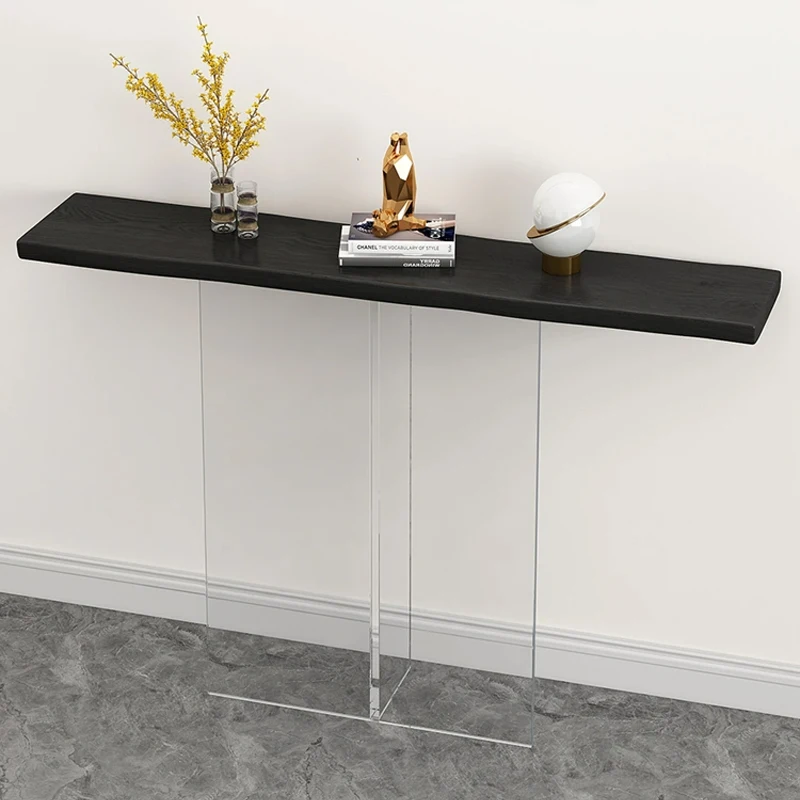 ‌Solid Wood Entry Table with Shelf, Acrylic Wall-Mounted Console, Minimalist Foyer Table, Model Home Decor Showroom