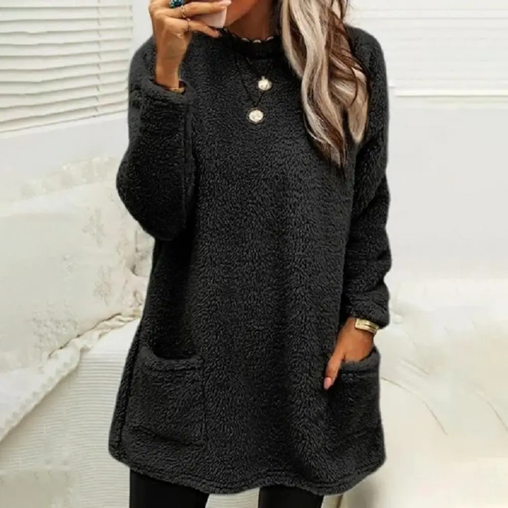 Plush Top  Mid-Length   Women Blouse Autumn Winter Thickened Plush Pullover Blouse