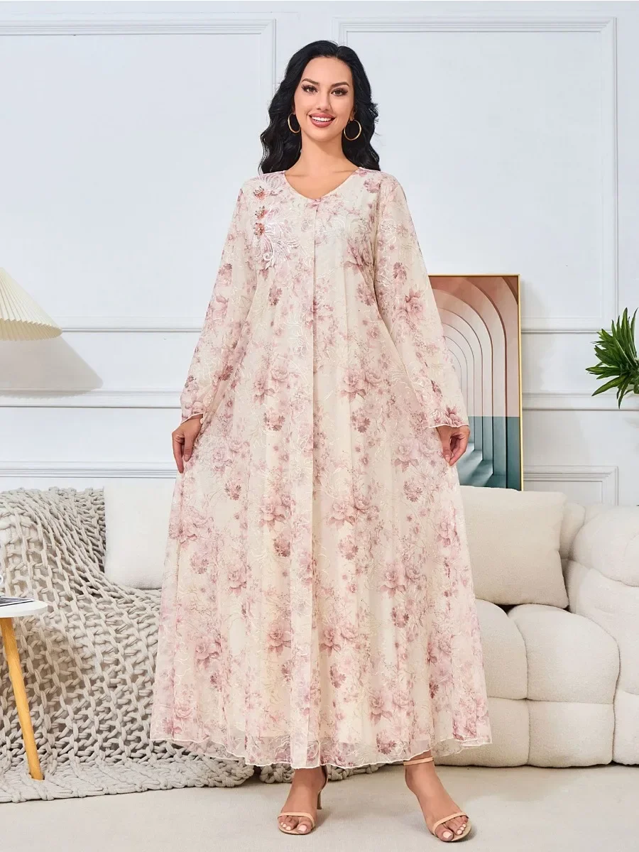 

Eid Dubai Muslim Party Dress for Women Abaya Print Beading Jalabiya Long Dresses Morocco Kaftan Vestidos Ramadan Gown Robe 2024