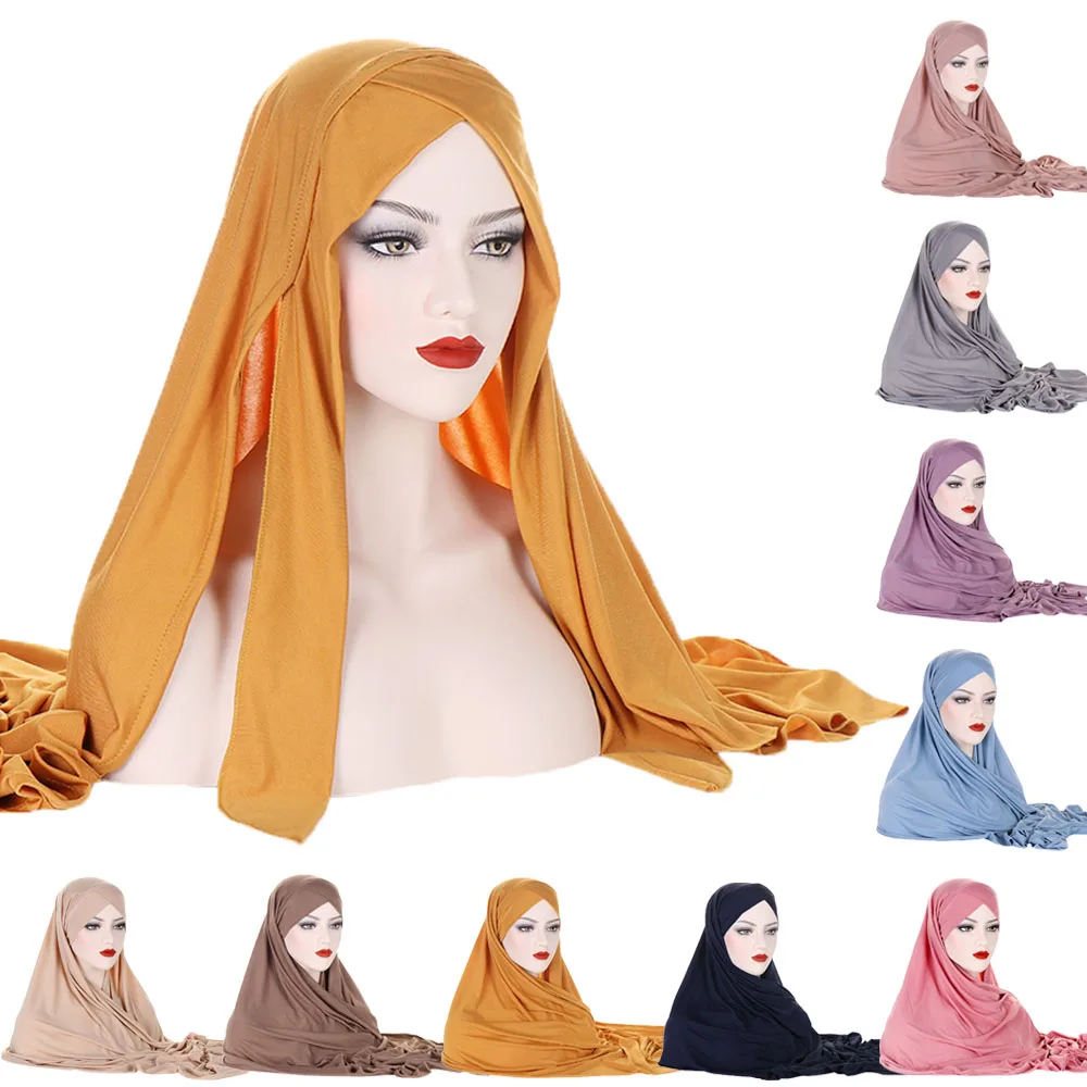 

One Piece Amira Muslim Women Cross Long Scarf Pull On Ready Wear Instant Chemo Cap Headwear Wraps Hijab Turban Arab Femme Shawls