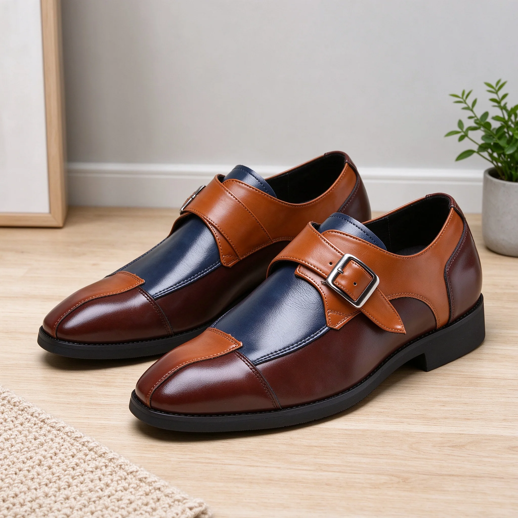 Desai Men's Monk Strap Shoes Faux Leather Color Block Metal Buckle Casual Dress Shoes Comfortable Office Autumn Winter