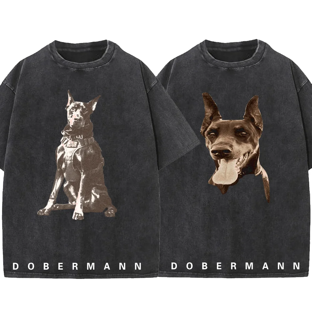 Vintage Washed Oversize T-Shirt Y2K Hip Hop Dobermann Dog Animal Graphic Print Streetwear Tshirt Harajuku Fashion Loose Top