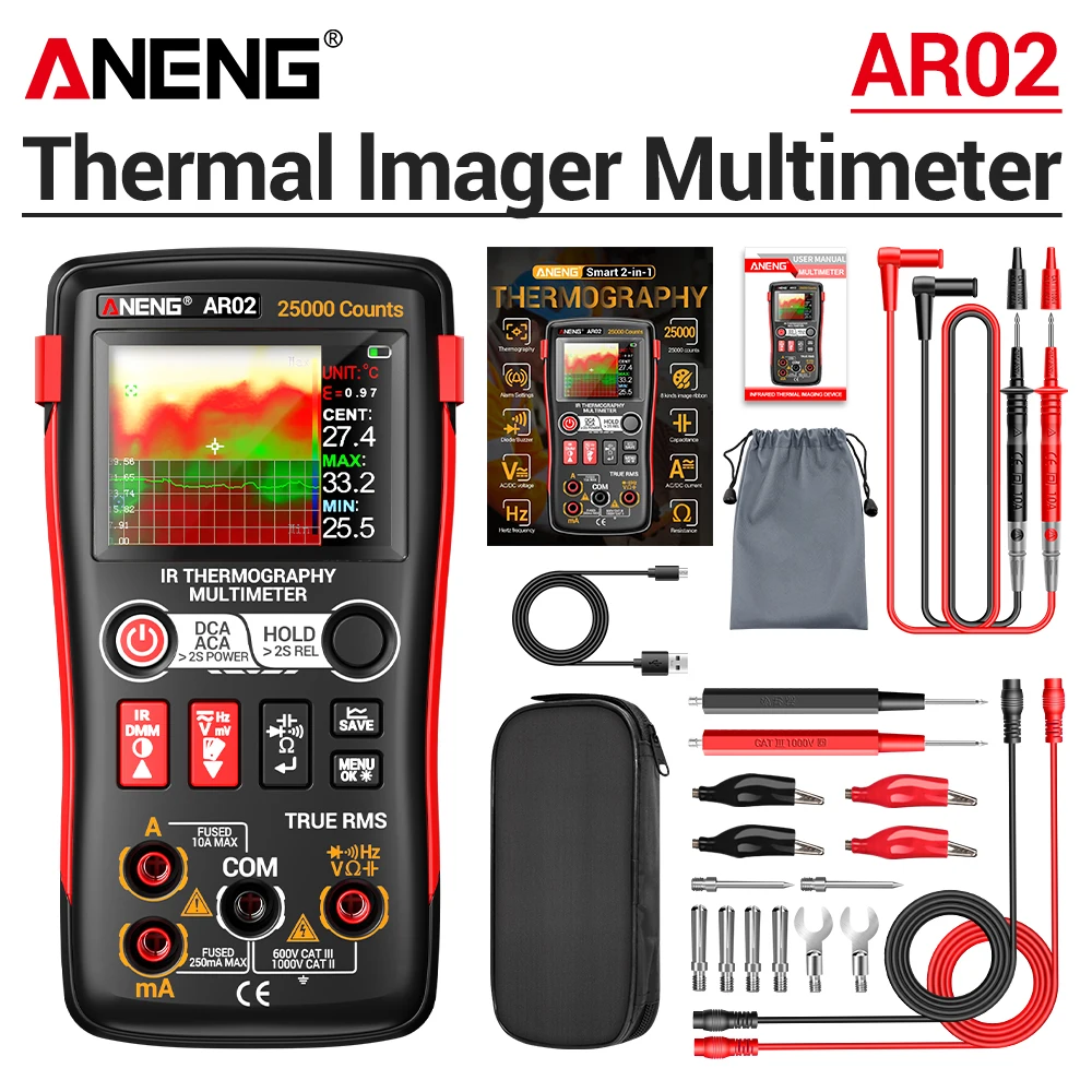 ANENG Thermische beeldvormingsmultimeter 240×240 IR-resolutie 96×96 IR-sensor-20 ° C~150 ° C-temperatuurbereik, 2,4 inch TFT-scherm of reparatie