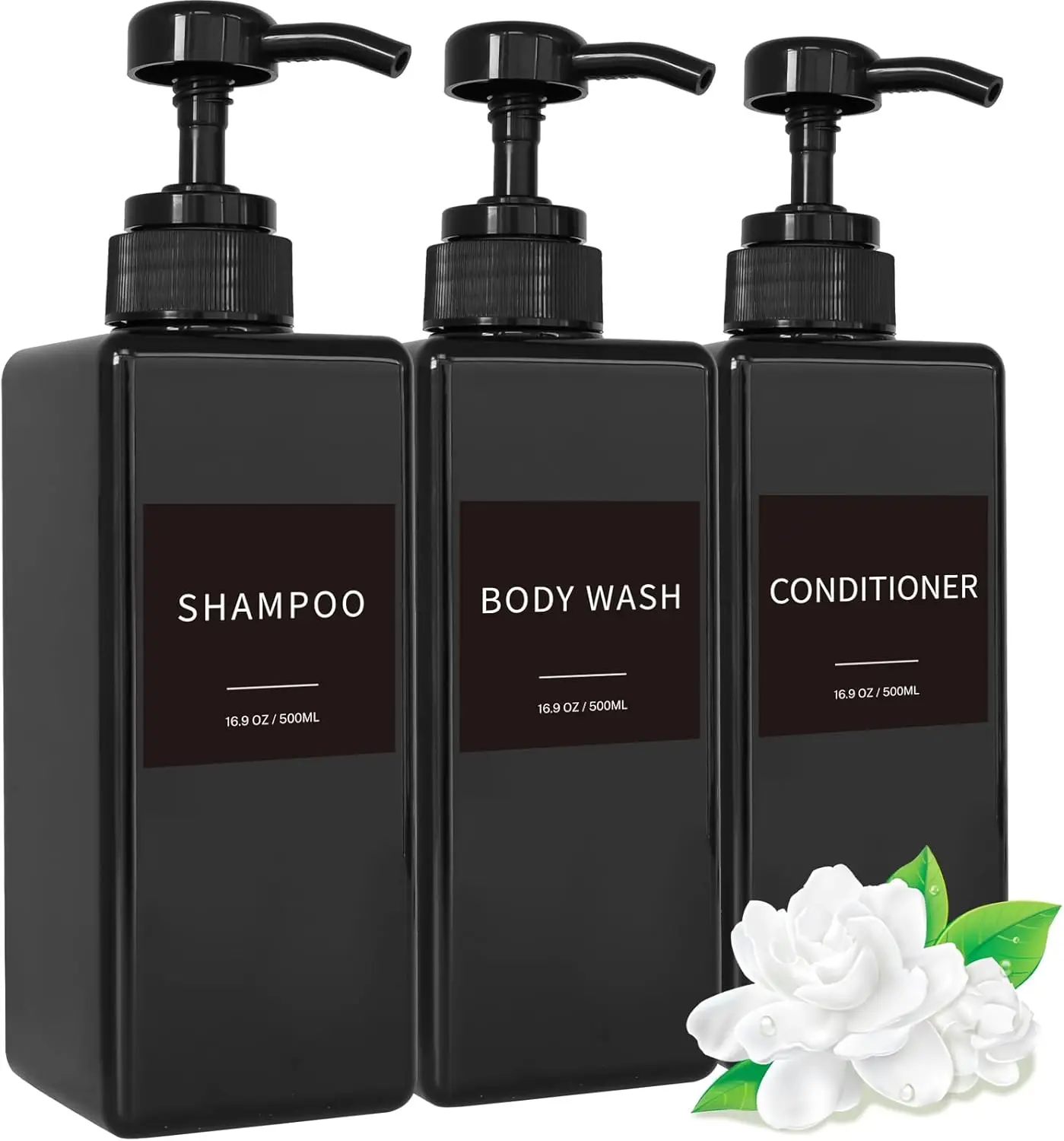 

Shampoo and Conditioner Dispenser Set, Refillable Plastic Pump Bottles with Labels for Shower, 3 Pack 16.9oz Black