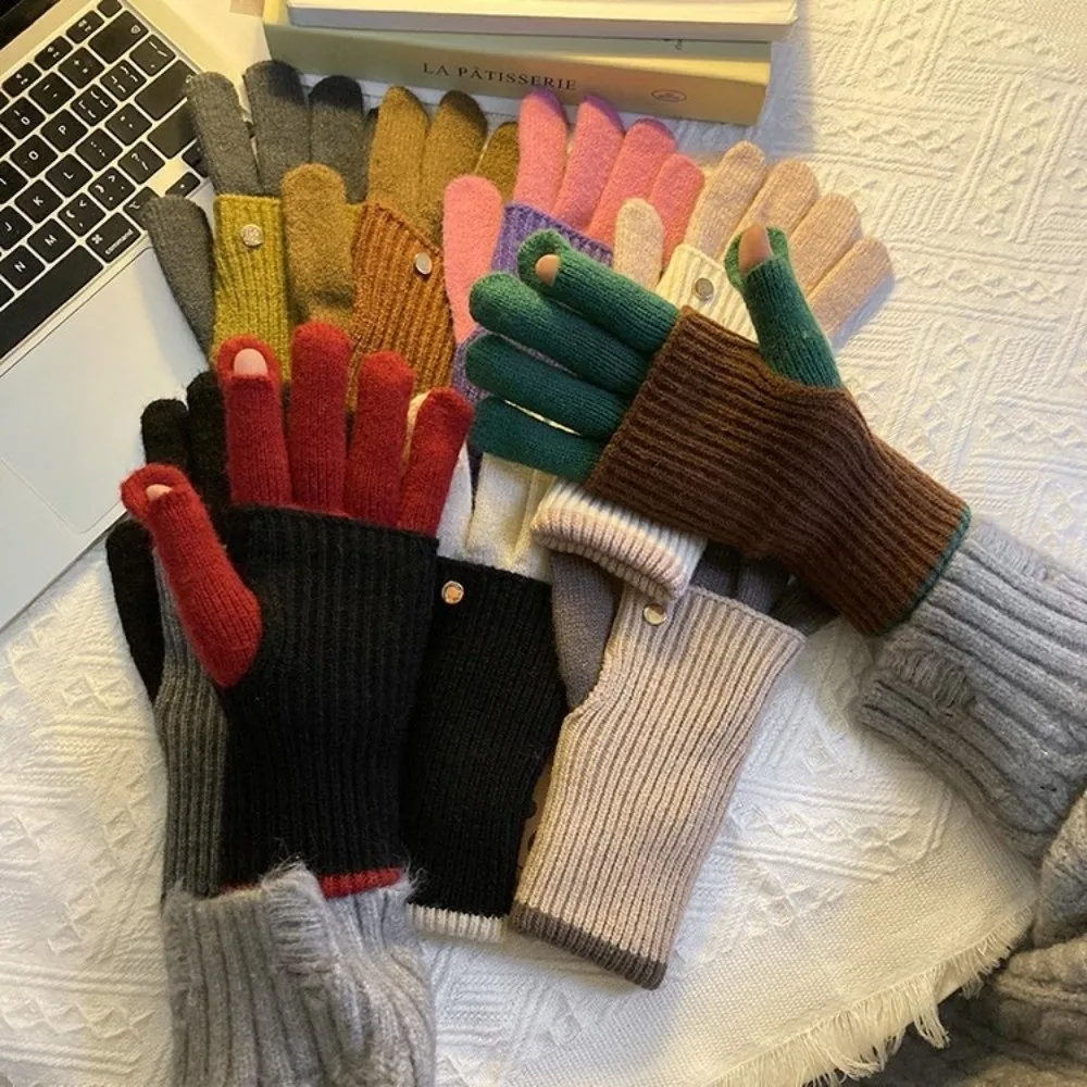 Winter Weight Knit Gloves Patchwork Design Flip-Cuff Style Convertible Gloves Wrist Protection Warm Knitted Open Finger Gloves