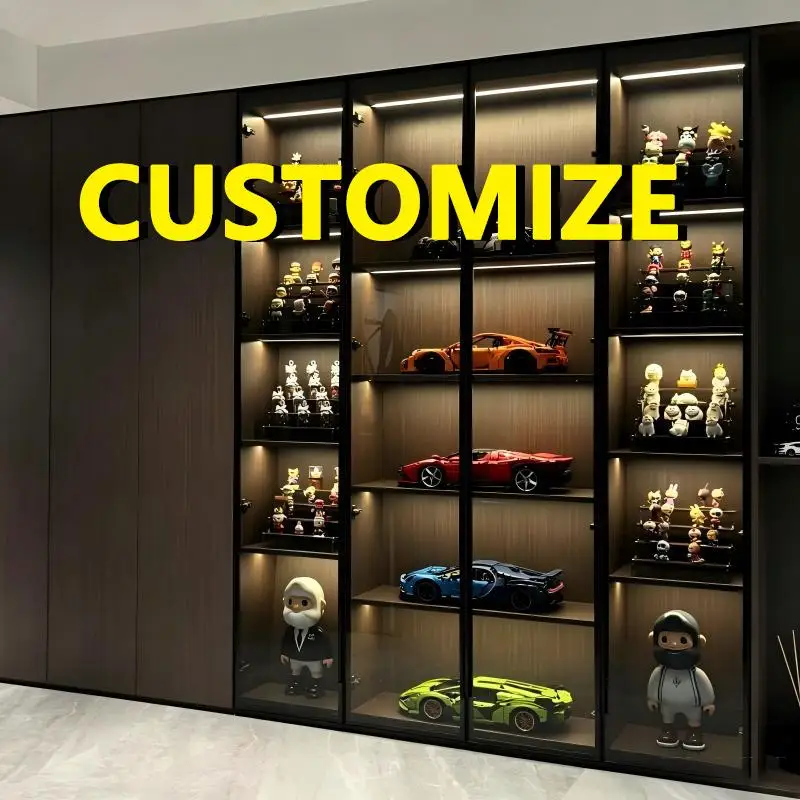 Any Size Custom Dustproof Glass Display Cabinet LED Light Large Capacity Aluminum Frame Freestand Living Room Storage Showcase