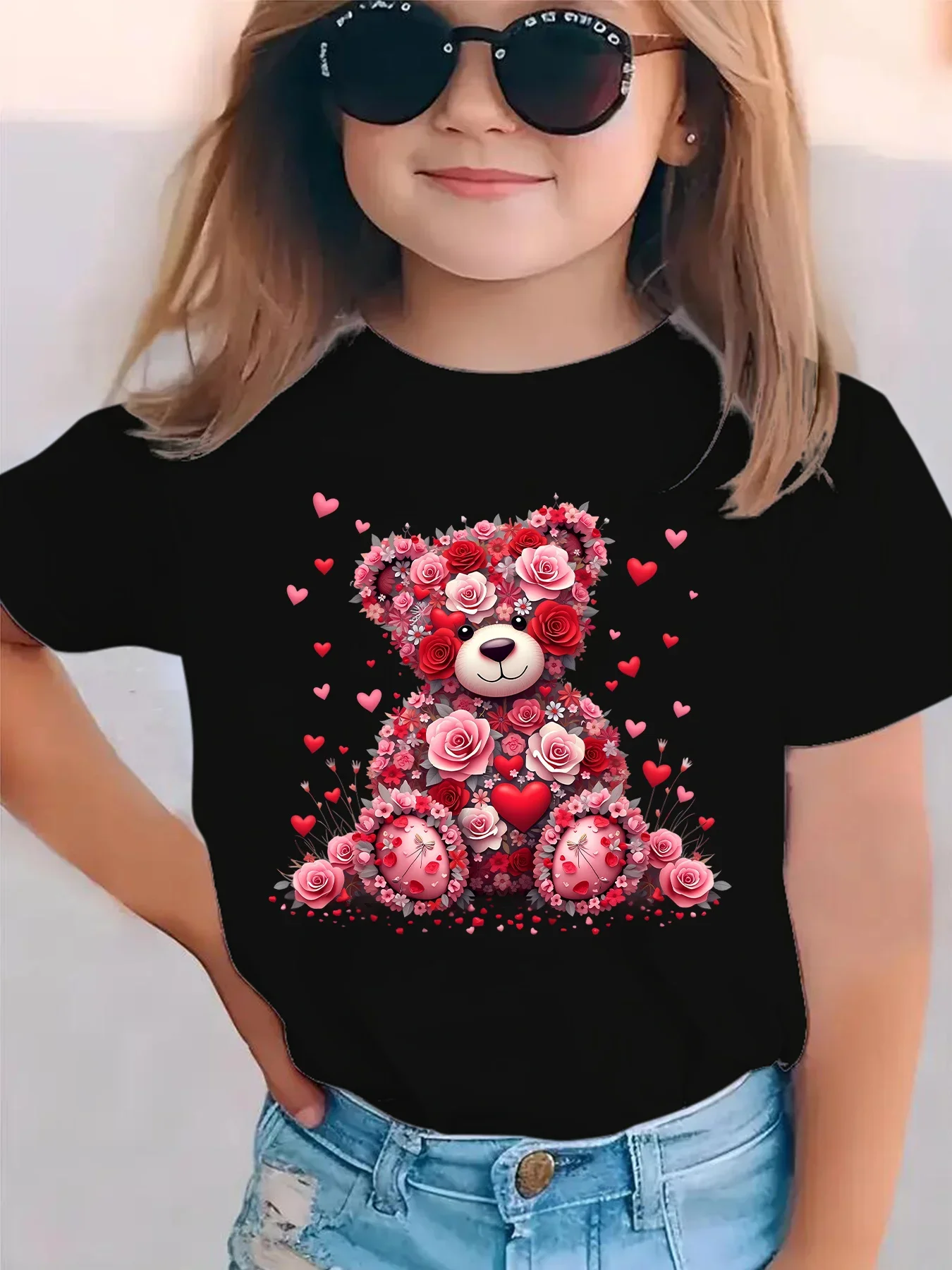 Little Girls Crew Neck Tee Floral Teddy Bear Rose Print Short Sleeve Valentines Casual Clothing Tops