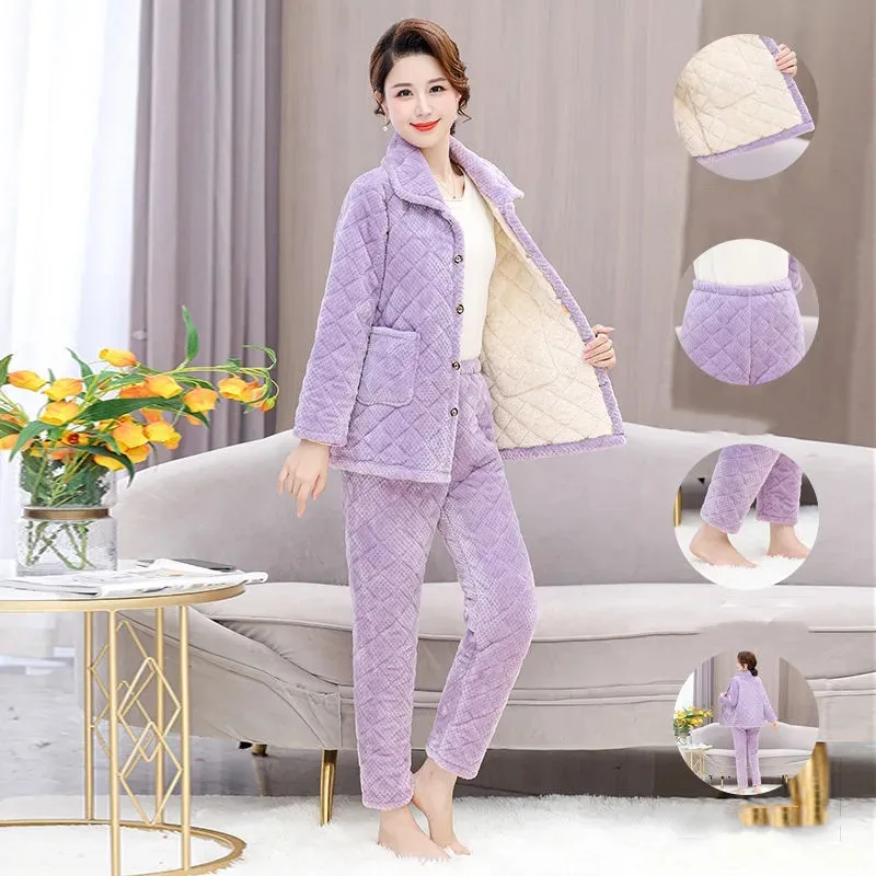 Women Pajamas Set Flannel Winter Sleepwear Kawaii Female Nightwear Pyjamas Warm Thick Coral Velvet Long Sleeve Home Pijamas Set