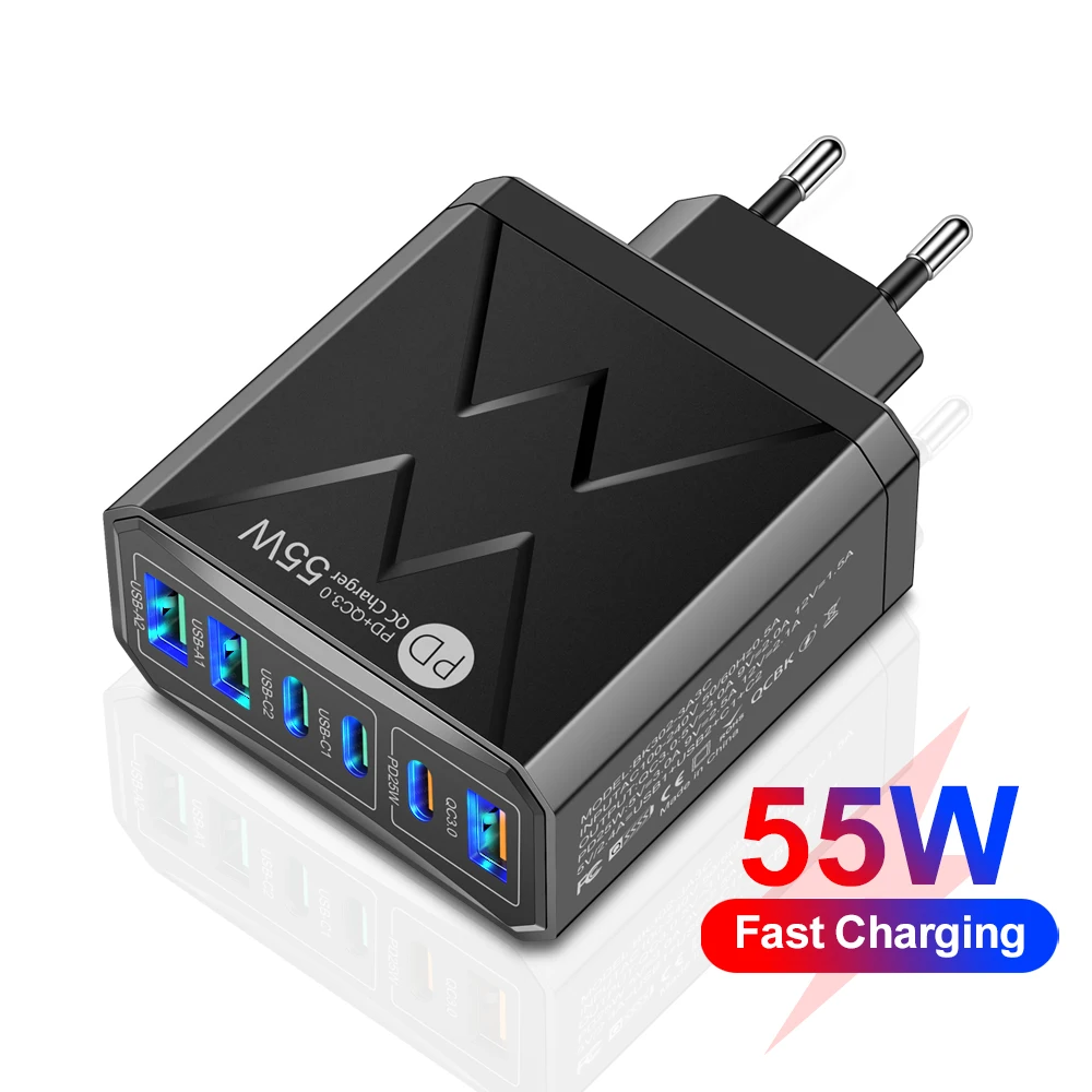 55W 6-Port USB PD Charger QC3.0 Type C Fast Charging Station with PD25W Intelligent Shunt for iPhone Samsung Xiaomi KR/US/UK/EU