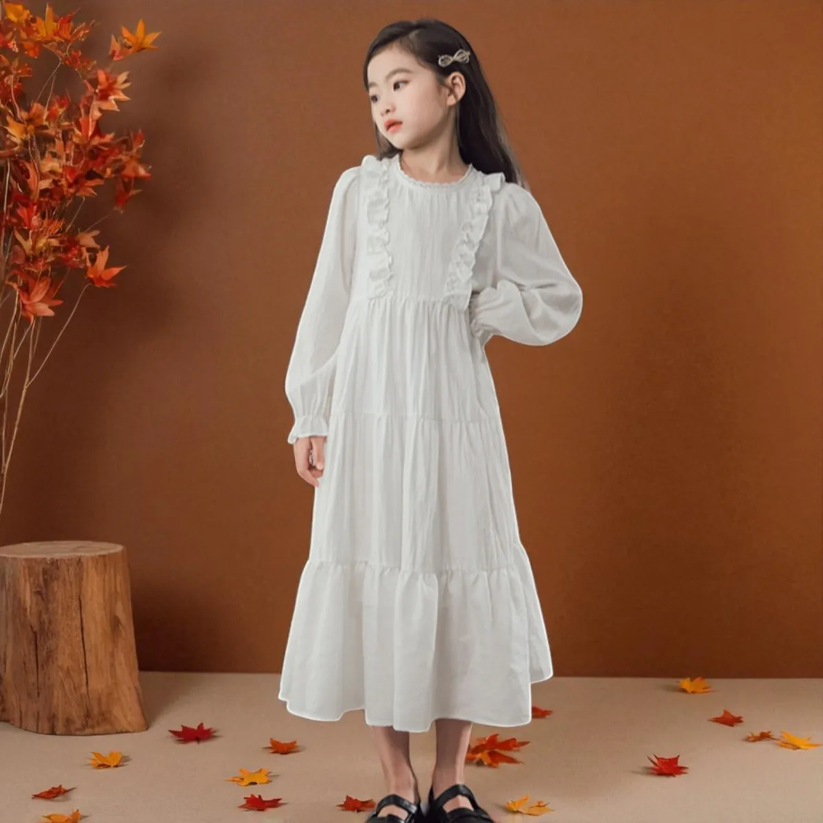 Teens Winter Girls White Lace Dress Kids Outfits Baby Party Long Dress Muslim Event Princess Children Costumes 6 8 9 10 12 Years