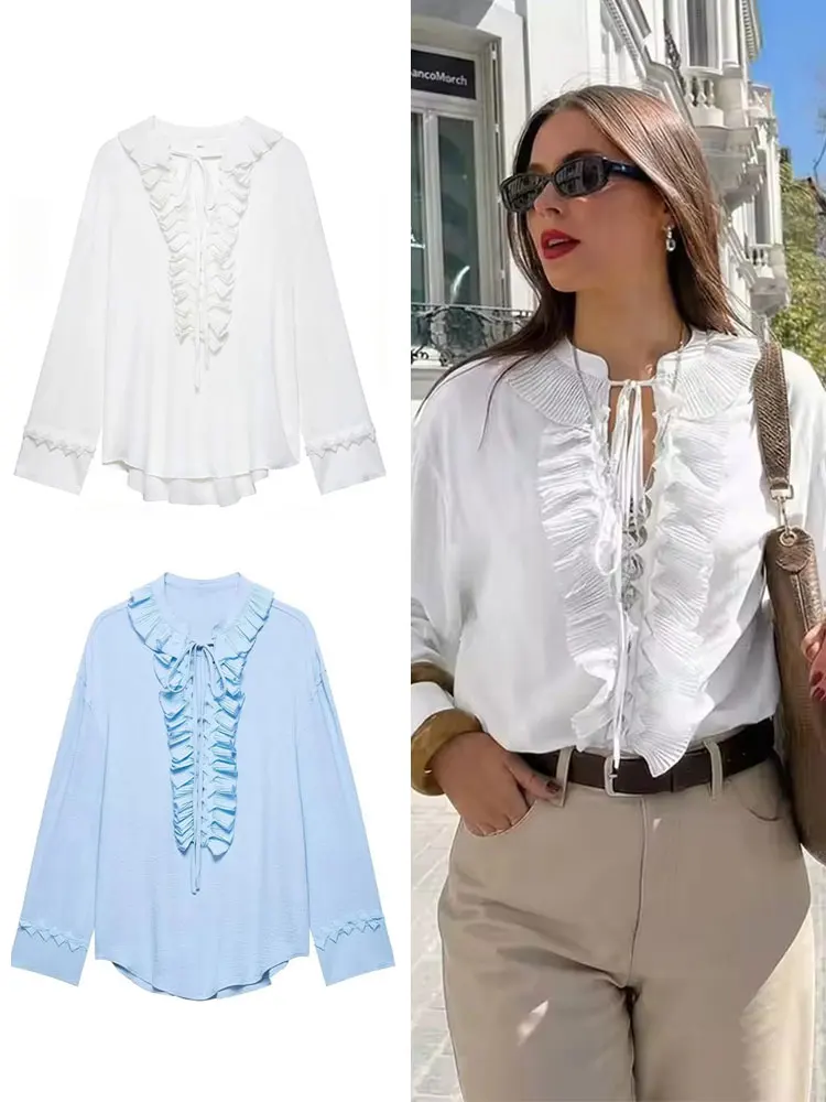 

HH Womens Elegant White Ruffle Blouse V-Neck Long Sleeve Shirt Spring Chic Casual Vacation Holiday Beach Daily Party Outfits Top
