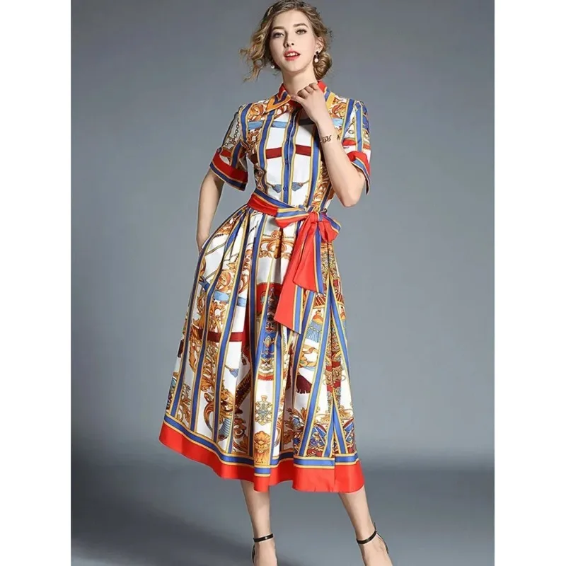 

New Summer Runway Shirt Dress Women's Orange Striped Short Sleeves Vintage Belt Bow Tie Collar Chain Printing Casual Vestidos