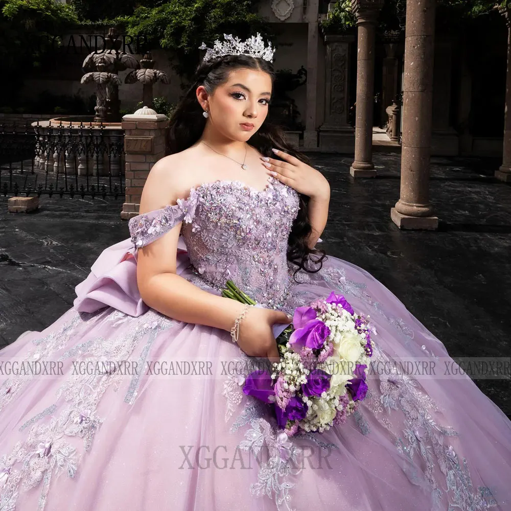 فستان Quinceanera أرجواني فاخر 2026 ذيل طويل الأميرة الكرة ثوب الحلو 15 زهرة Vestidos De XV Años فستان حفلة عيد ميلاد الفتيات #5