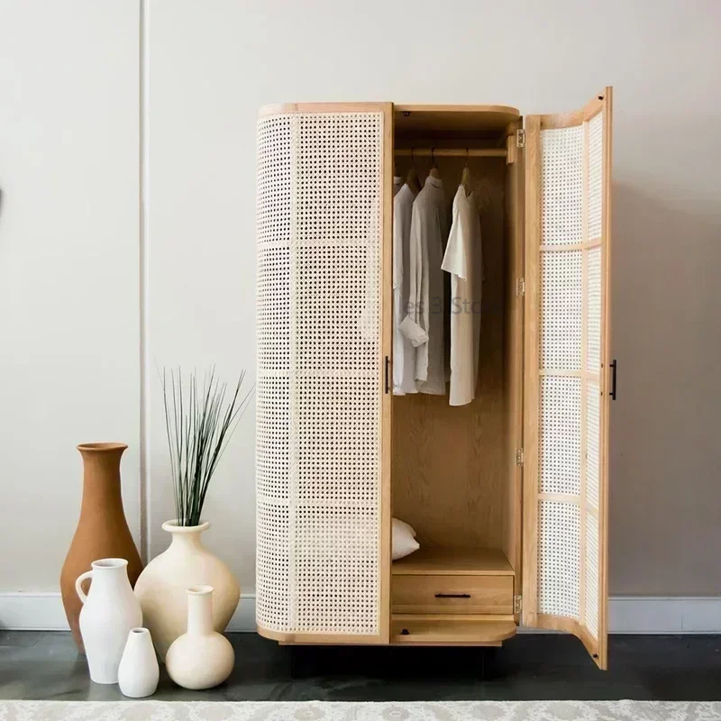 

solid wood double door wardrobe, retro simple rattan woven storage cabinet, bedroom, raw wood clothing cabinet