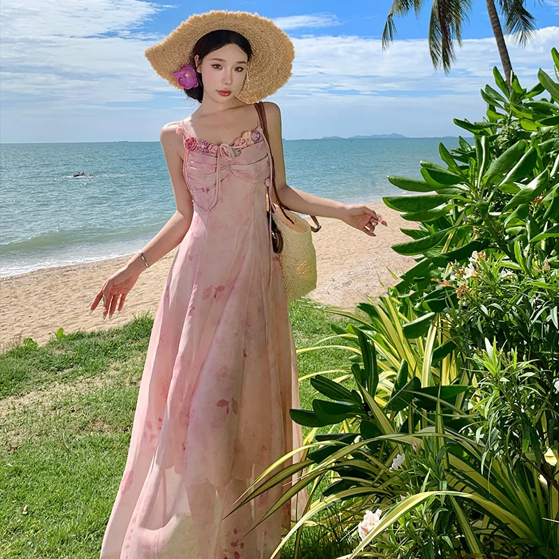 

Pink floral long waist-cinching strap A-line dress women Summer French niche style dress