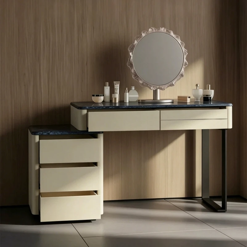 C13 - minimalist solid wood vanity table with integrated storage cabinet, marble corner makeup desk for villa bedrooms