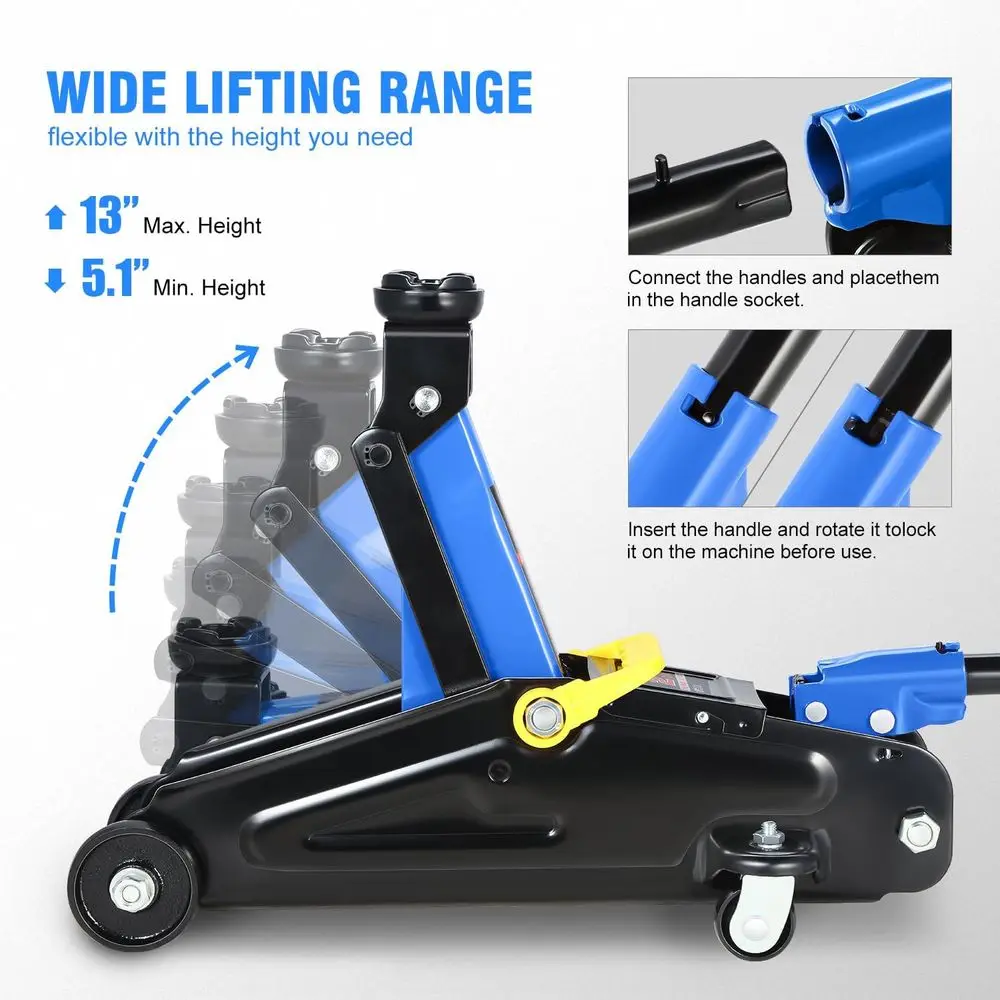 Martinetto idraulico da pavimento a basso profilo con capacità di 2 tonnellate, gamma di sollevamento 5.1-13, blu