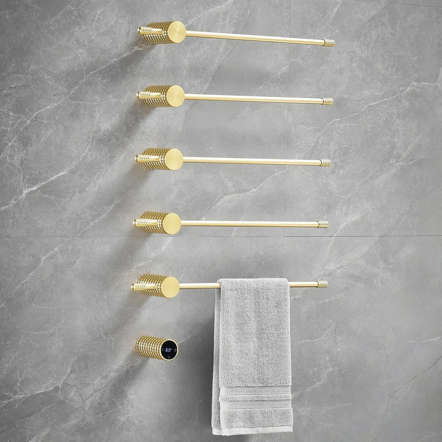 Towel Warmer Rack Gold 5Bar Aluminum Heated Towel Rack for Bathroom Hardwired Heated Towel Rail Timer and Temperature Adjustment