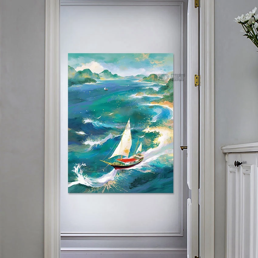 Hotel Decorative Item Luxury Canvas Art Hand-painted Sailing Bloat Ship Canvas Picture Oil Painting Wall Showpieces Artwork