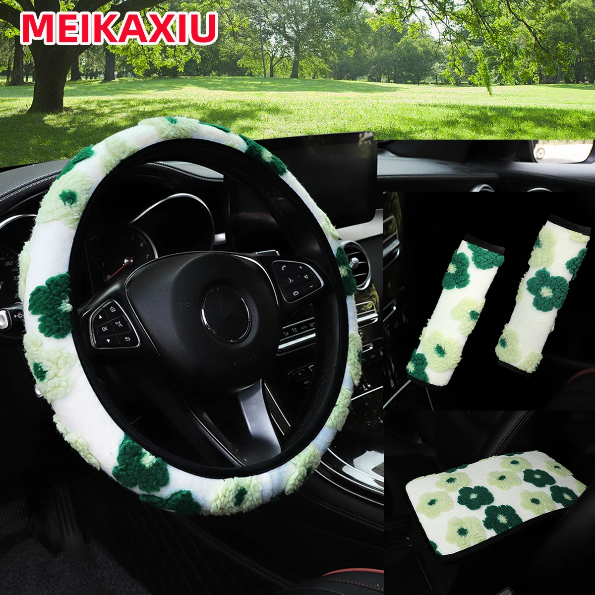 

4PCS Winter Fur Flower Car Steering Wheel Cover Shoulder Guard Armrest Pad Women's Decorative Rimless Accessory Set