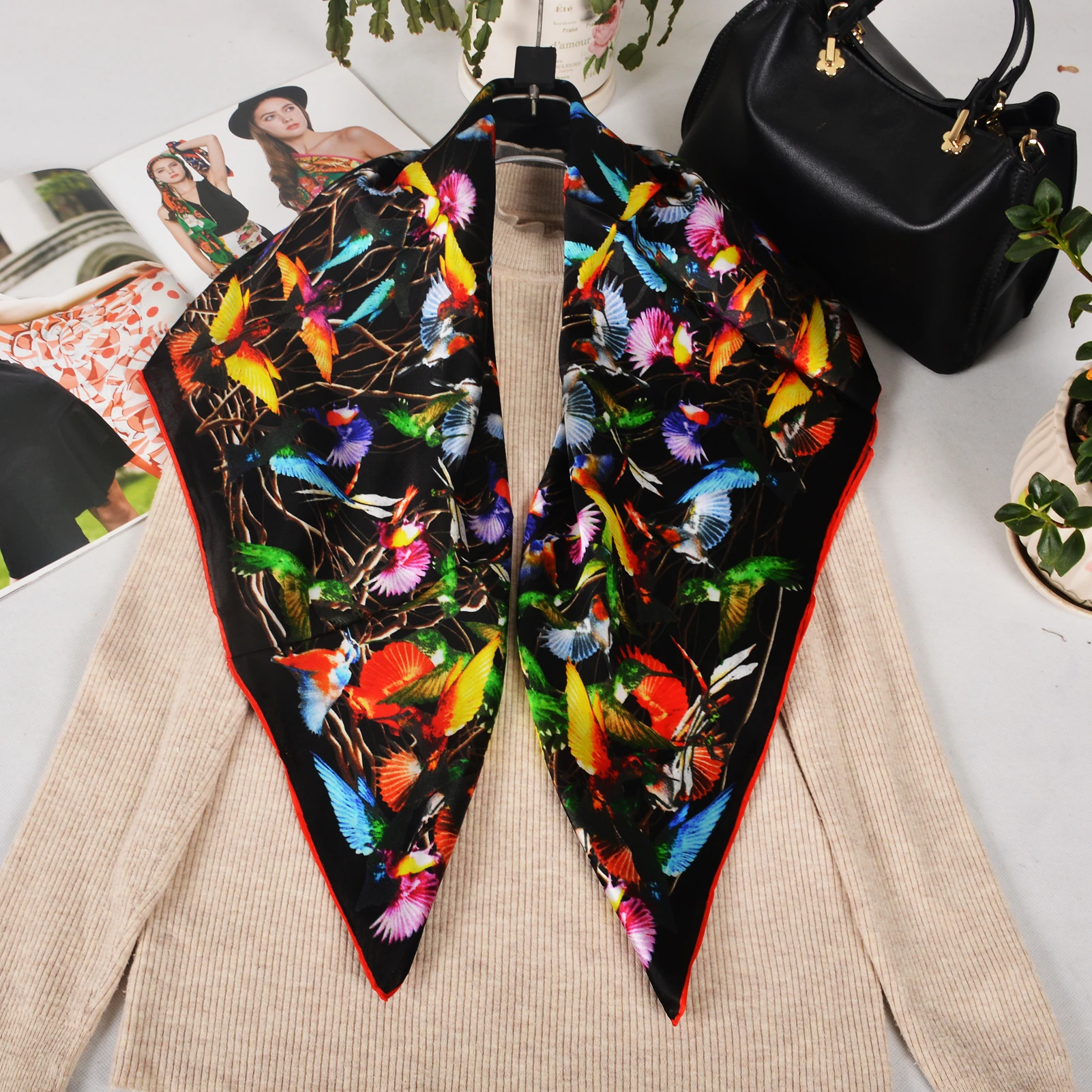 BYSIFA| Black 100% Silk Scarf Shawl Women Fall Winter Brand Neck Long Scarves Colourful Birds Design Head scarf for Hair Wraps