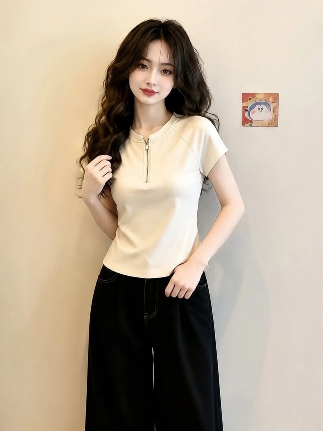 Pure Cotton round Neck Half Zipper Short Sleeve T-Shirt Women Summer plus Size Slimming Trendy Age-Defying Top Korean Style C...