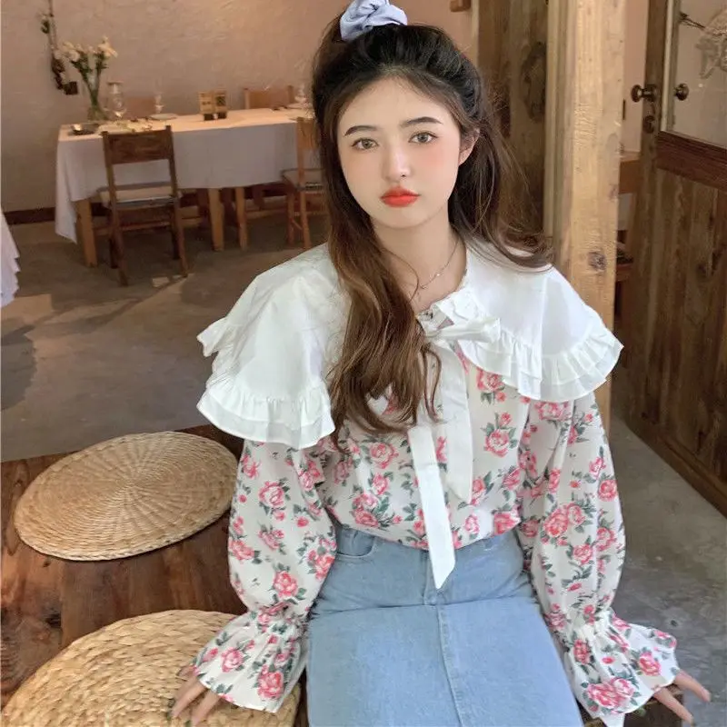 Vintage Floral Shirts Women Kawaii Peter Pan Collar Lace-up Spring Sweet Girlish Long-sleeved Shirt Fashion Streetwear Aesthetic