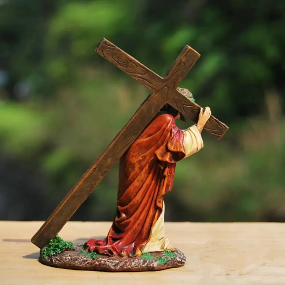 Jesus on The Way To Calvary Jesus Cross Statue Realistic Resin Christ Figure Waterproof Handmade Catholic Religious Accessories