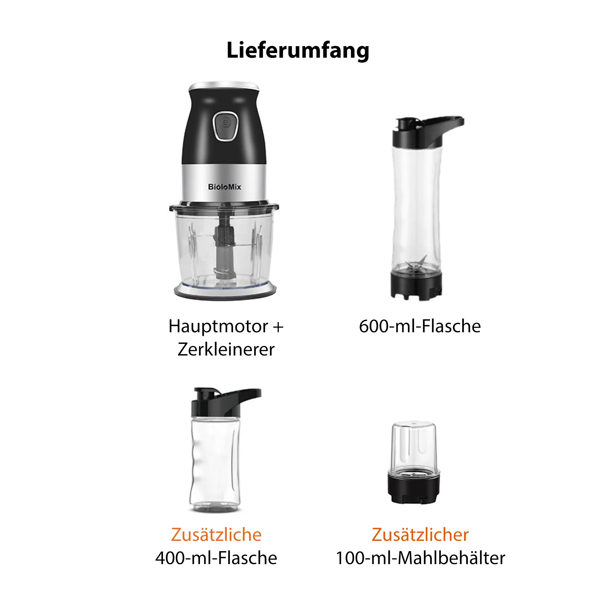 BioloMix 500 W tragbarer Mixer, BPA-frei, 600 ml, persönlicher Mixer mit Zerkleinerer, Schüssel, Fleischwolf, Babynahrungsmaschine – Detail 16