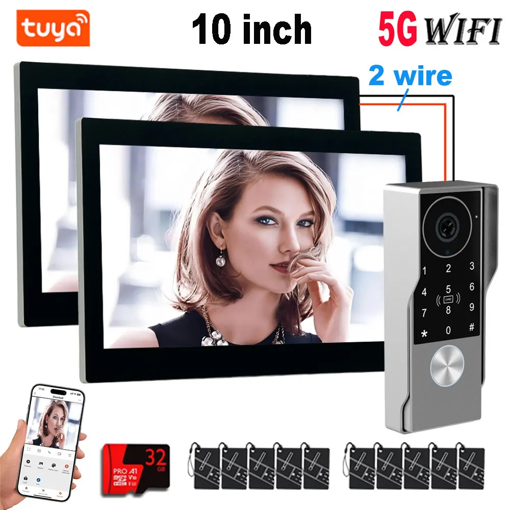 

2-Wire Tuya Smart Video intercom Doorbell 5G WiFi 1V2 7/10inch Touch Screen HD Waterproof Camera Doorphone Password 5in1 Unlock