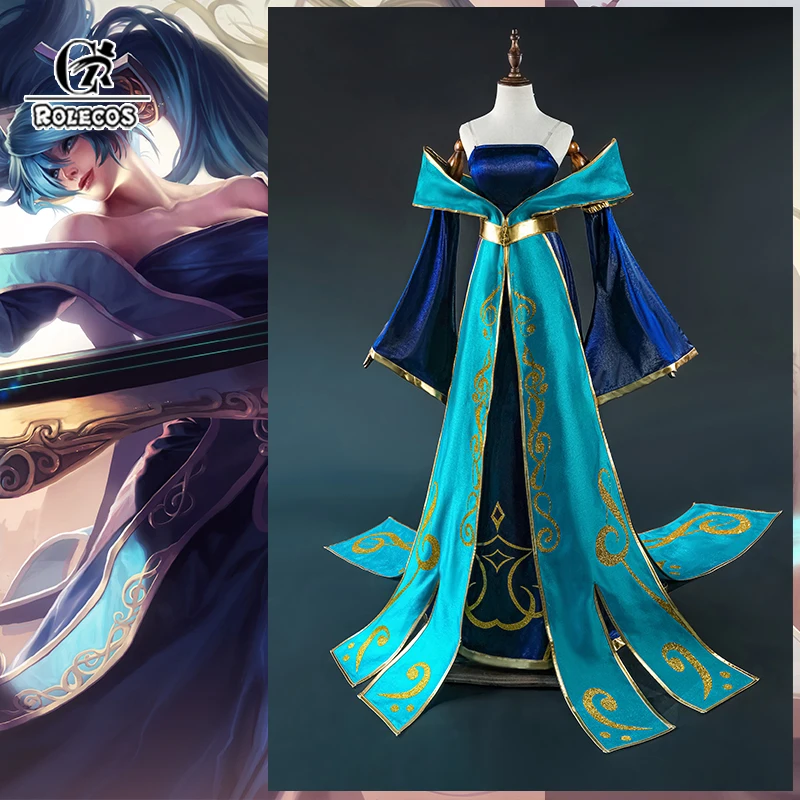 

ROLECOS Game LOL Sona Cosplay Costume Maven of the Strings Sona Women Long Elegant Dress Halloween Role Play Outfit