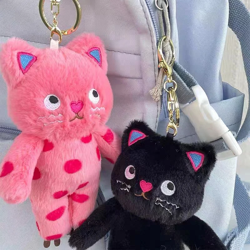 Pink Polka Dots Cat Plush Toy Cartoon Speechless Cat Pendant Soft Stuffed Doll Keychain Car Key Ring Backpack Bag Decor