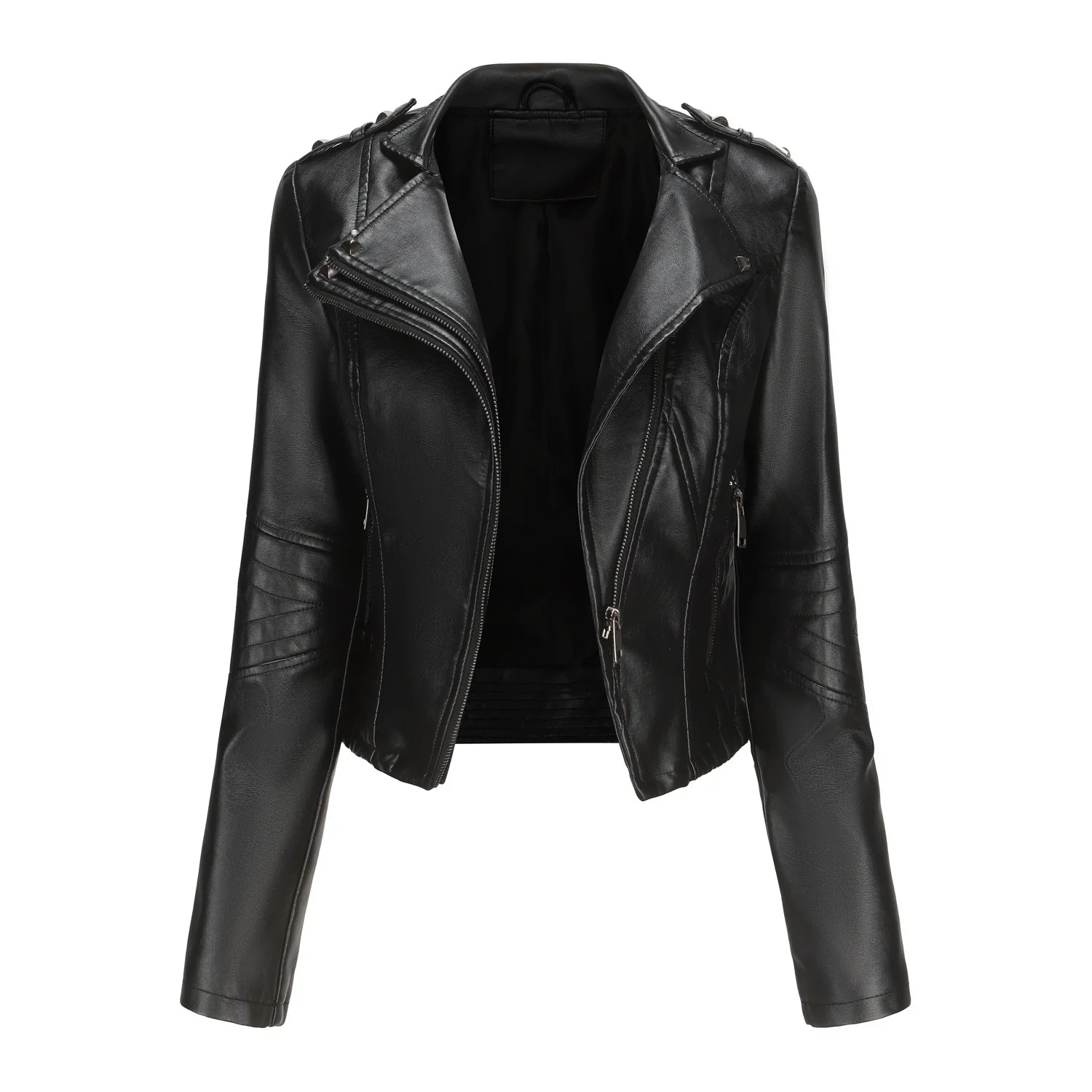 New Slim-fitting Long-sleeved Spring And Autumn Leather Jacket Women's Rivets Popular Short Small Coat Zipper Leather Jacket