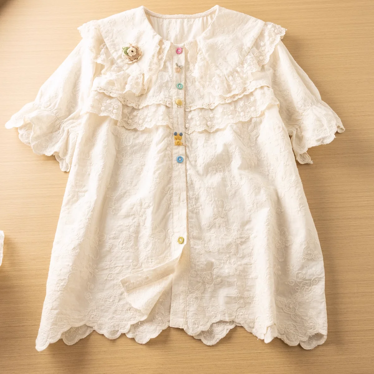 Lolita Sweet Lace Patchwork Cotton Short Sleeve Shirt Blouse Women Japanese Mori Girl Fairy Design Cute Buttons Solid Shirts