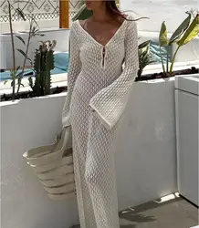 Yiiciovy-Vestido largo de punto para mujer, Sexy ropa de playa con cuello en V profundo, de manga larga, sin espalda, para Otoño y vacaciones