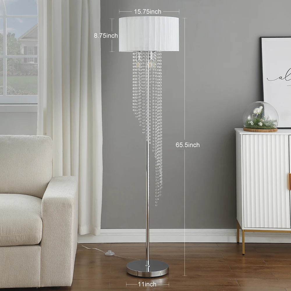 65.75 "H Sheer White Drum Shade Rain Crystal Chrome Metal Lâmpada de assoalho para sala de estar, lâmpada de pé para quarto