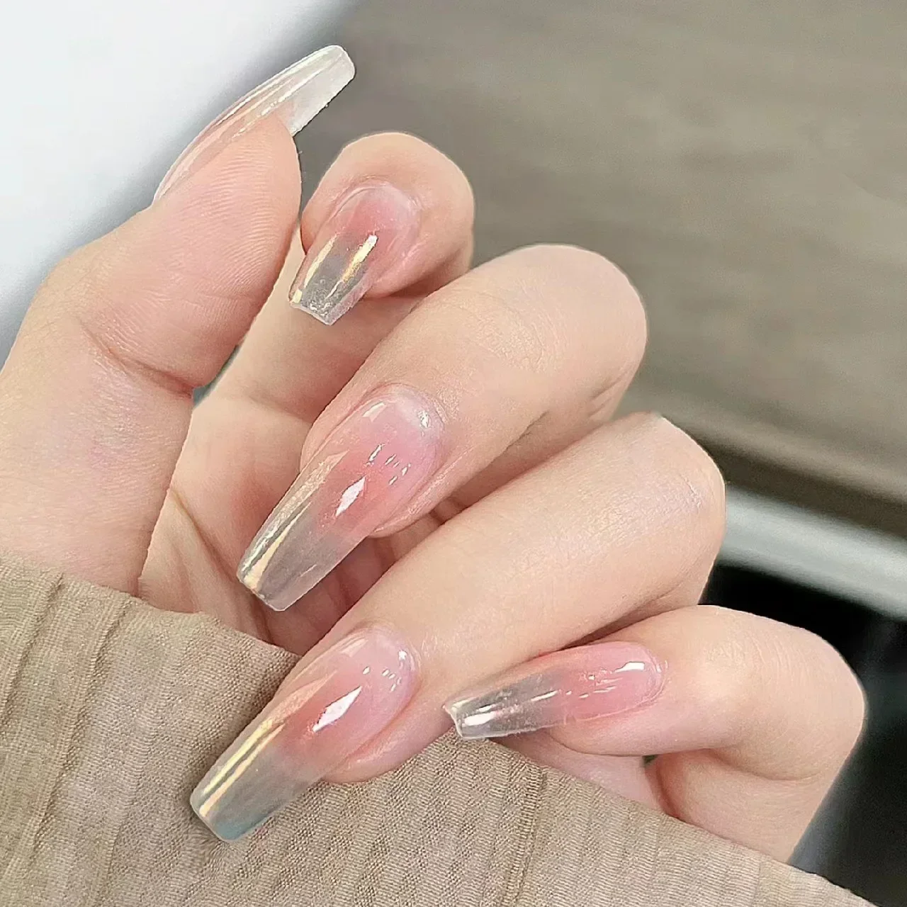 Pontas francesas artesanais do prego do caixão, imprensa em pregos, tampa completa, projeto puro do rosa do blush, olho de gato, unhas postiças, manicure artificial, 10pcs