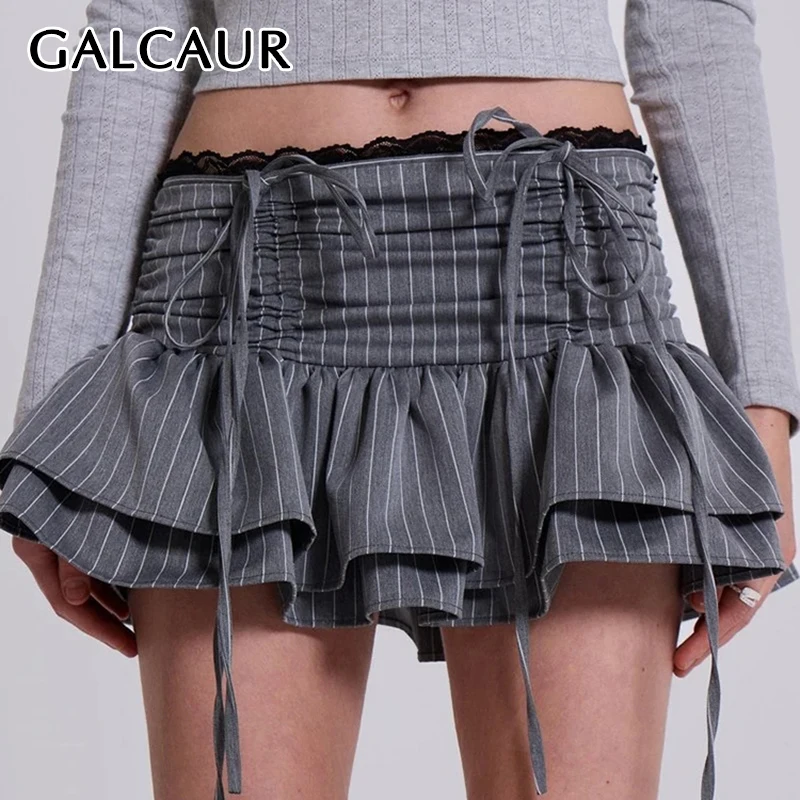 

GALCAUR Spliced Drawstring Skirts For Women High Waist Patchwork Folds Striped Sexy Slimming Streetwear Mini Skirt Female 2024