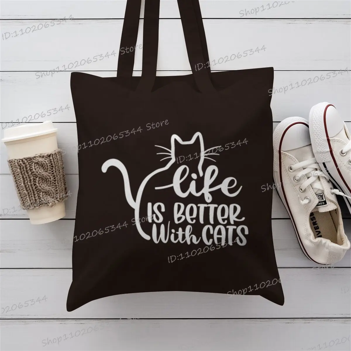 الحياة أفضل مع القطط طباعة المرأة حقيبة كتف Harajuku حقيبة تسوق قماش سعة كبيرة حقيبة يد فتاة مضيئة حقيبة يد