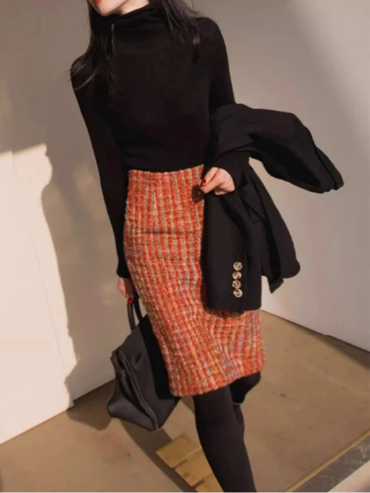 Women’s High Waisted Tweed Pencil Skirt Wool Blended Classic Vintage Midi Skirt for Work, Office Elegant Daily Wear