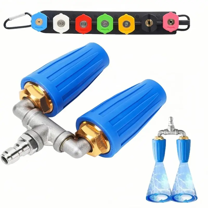 

AB11-Мойка высокого давления с двойной турбонаддувной насадкой, 360° ° Вращающаяся турбонасадка с быстроразъемным соединением 1/4 дюйма и 7 насадками для мойки под давлением