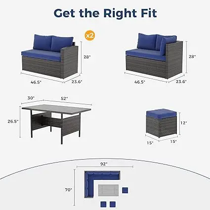 Outdoor Patio Furniture Set,7 Piece Set Outdoor Dining Section Sofa with Dining Table and Chairs,All Day Wicker Conversation Set