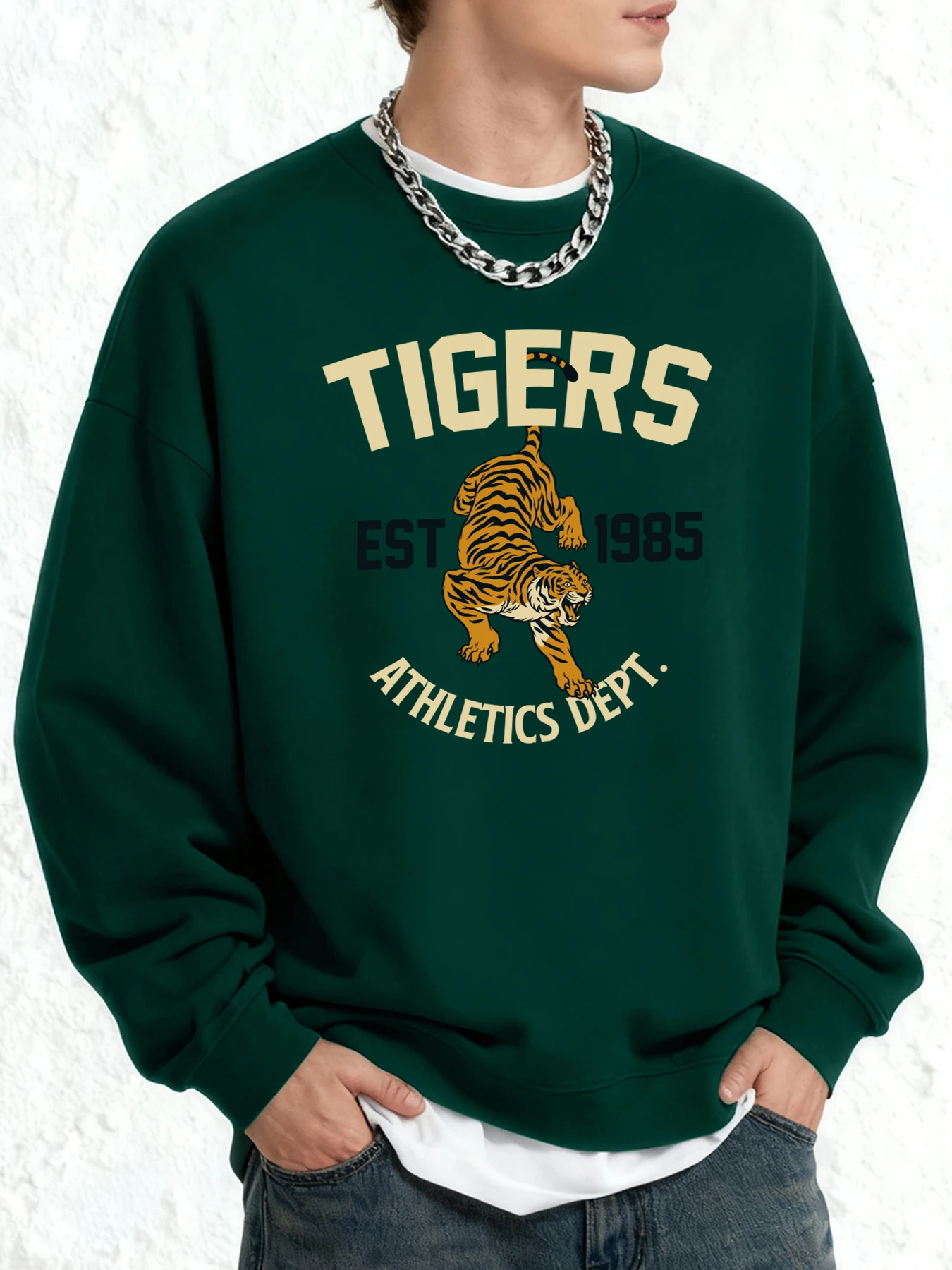 

Tigers Est 1985, мужской пуловер в стиле ретро с спортивным принтом, универсальная мягкая одежда оверсайз с длинными рукавами, повседневная толстовка унисекс с круглым вырезом