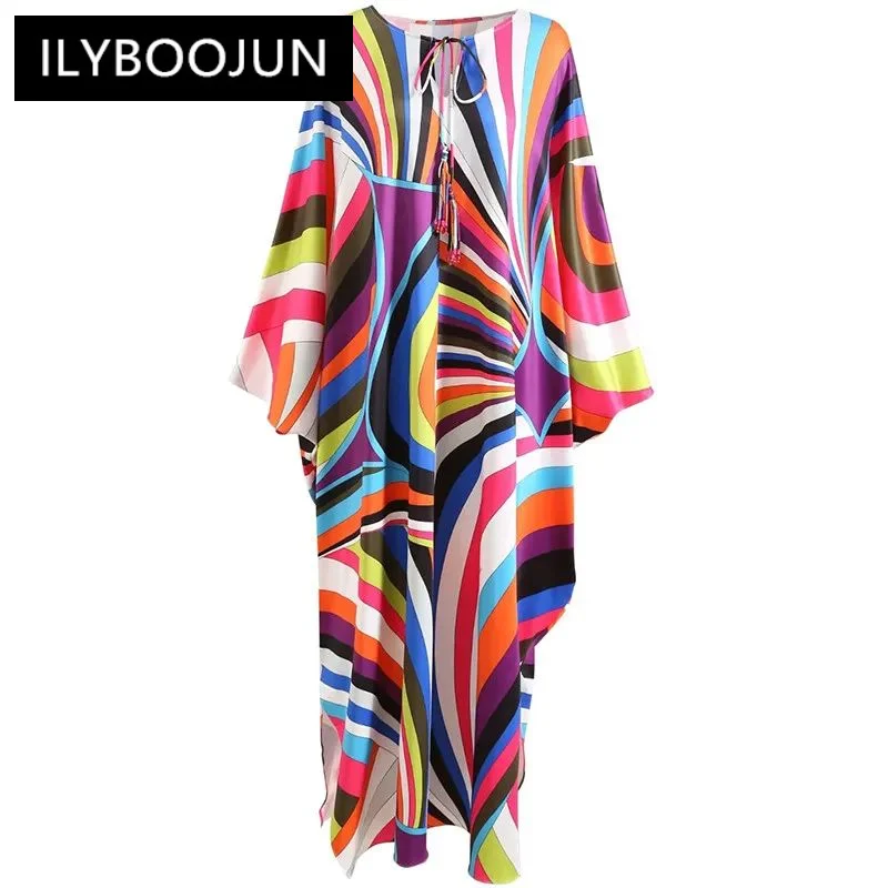 Fashion Autumn Winter Women\'s dress Batwing Sleeve Rainbow stripe Print Loose robe Elastic knitting Dresses