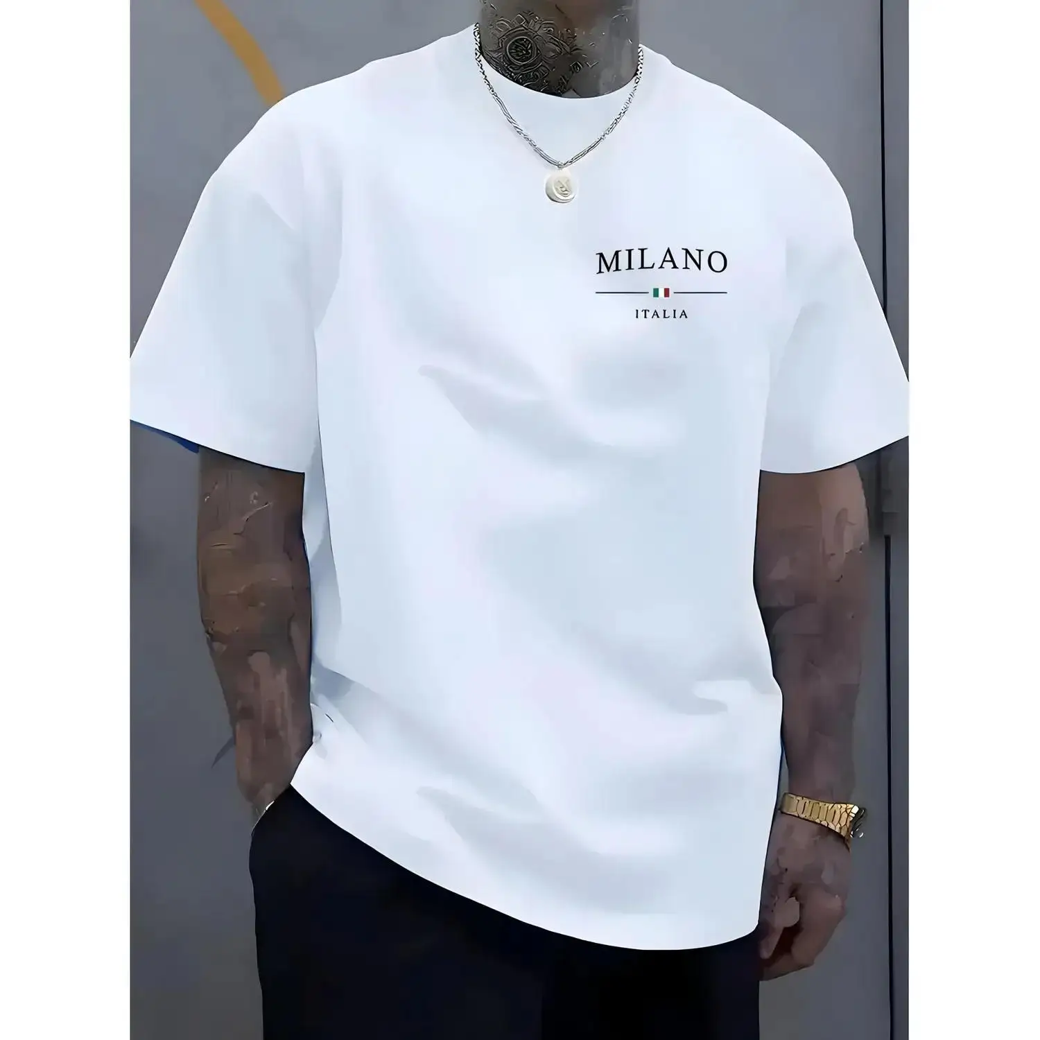 Mens Oversized Crew Neck Short Sleeve Tee Soft Cotton Streetwear Boxy Fit White Milano Italia Chest Print Summer Casual Outfit Crewneck Menswear