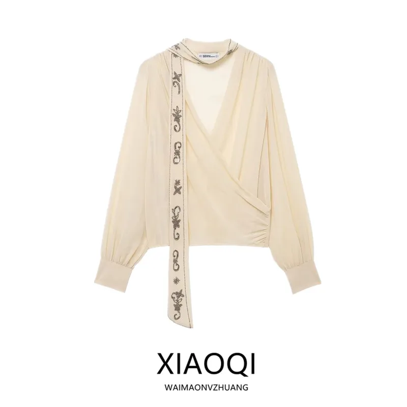 Decorative Beaded Scarf Double Front Button V Ne f Transparent Winter irt Women's Faion Loose Fit Long Sve