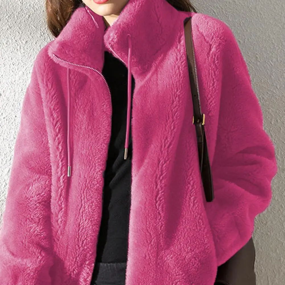 Women Coat Women’s Winter Fleece Jacket with Full Zip Stand Collar Long Sleeve Outerwear Coat with Pockets Warm Zip Up Fuzzy