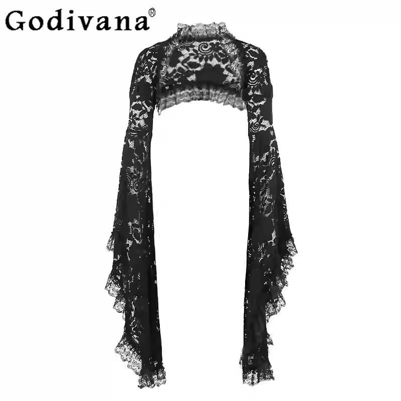 

Хэллоуин темный сексуальный темперамент женский супер короткий кардиган тяжелая промышленность с расклешенными рукавами модная возрастная кружевная уличная блузка