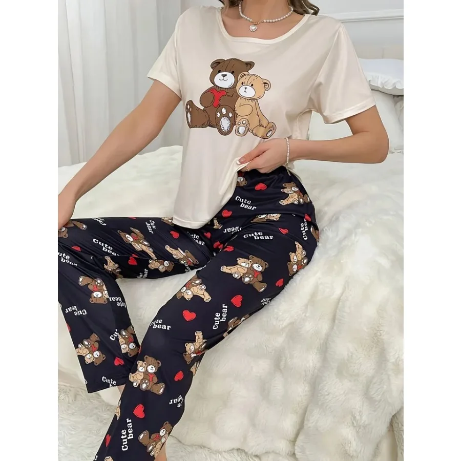 

Standard Size Women's Four Seasons Spring and Summer Casual Loose Casual Cartoon Printed Short-Sleeved Shorts Women's Pajamas S