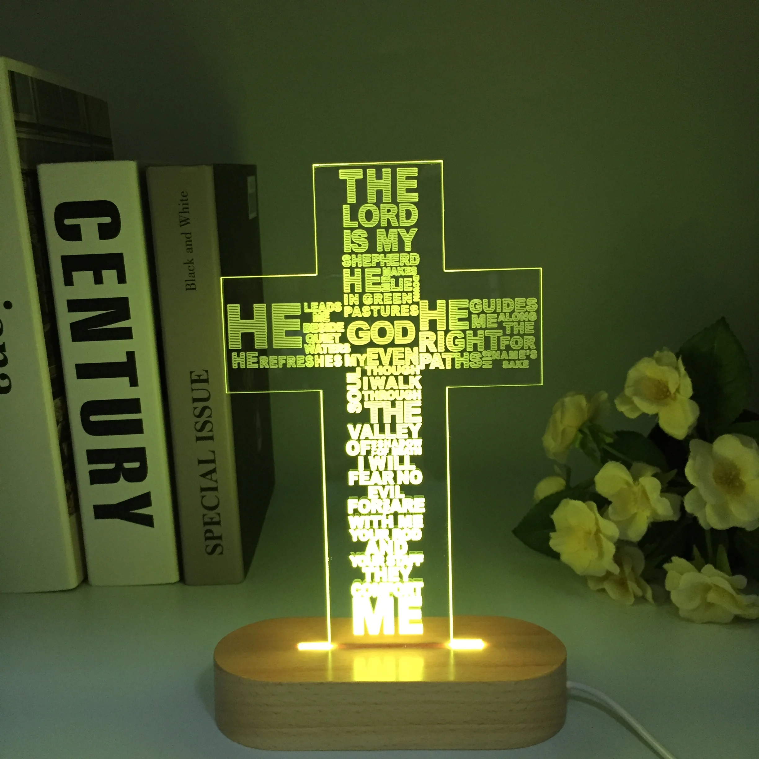 Wooden The Holy Bible Psalm Poem Christian Cross Led Night Light for Church Decor Gift for Christian Bedroom Table Lamp Dropship